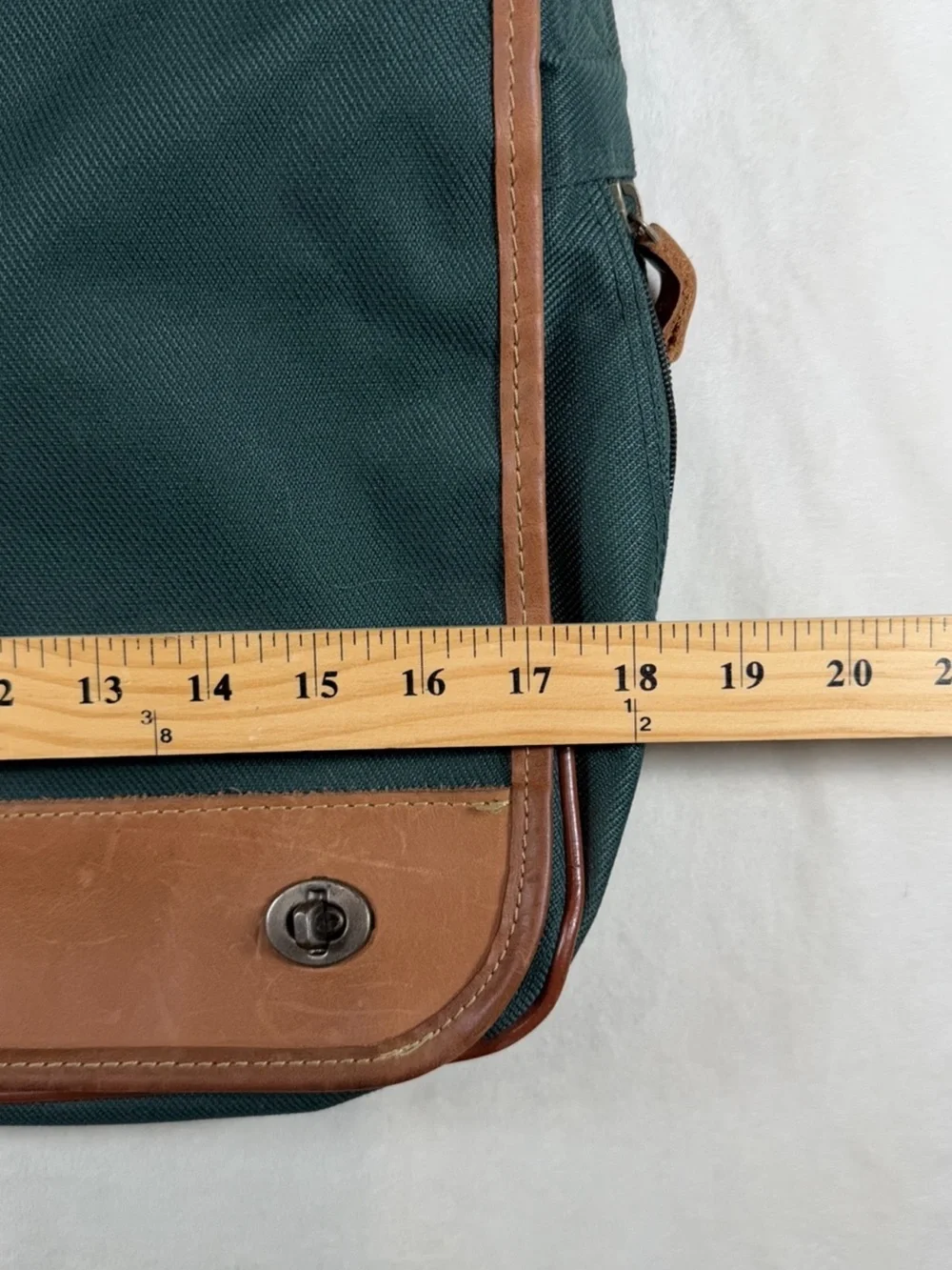 Eddie Bauer Dark Green Canvas Meather Messenger Laptop Bag Brown Leather Trim